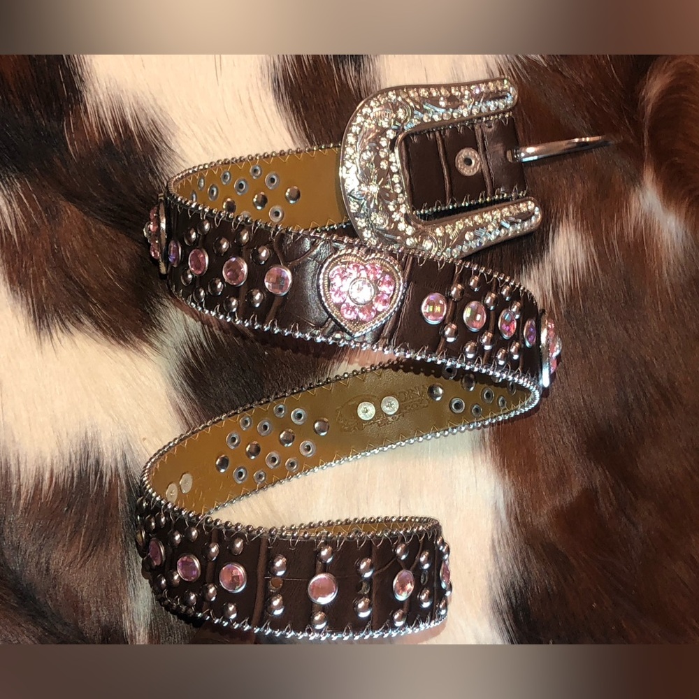 Brown Leather Belt with Pink Crystal Accents and Jeweled Buckle